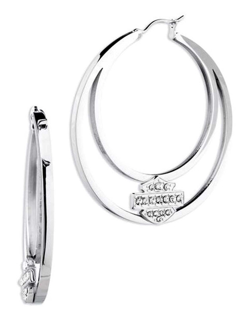 Harley-Davidson Women's Crystal Bar & Shield Logo Large Hoop Earrings, Silver - Wisconsin Harley-Davidson