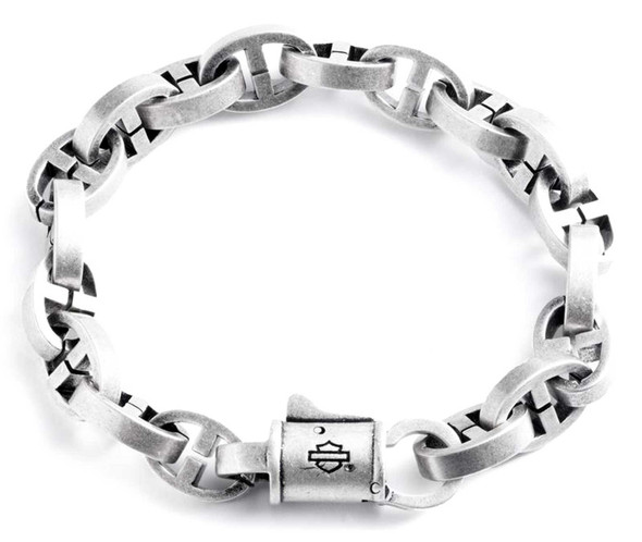 Harley-Davidson Men's 8.5in. Bar & Shield Logo Link Chain Bracelet, Silver Brass - Wisconsin Harley-Davidson