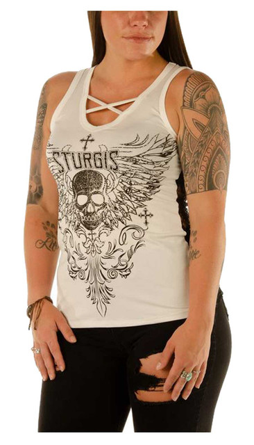Liberty Wear Women's Sturgis Asphalt Angel Embellished Sleeveless Tank Top White - Wisconsin Harley-Davidson
