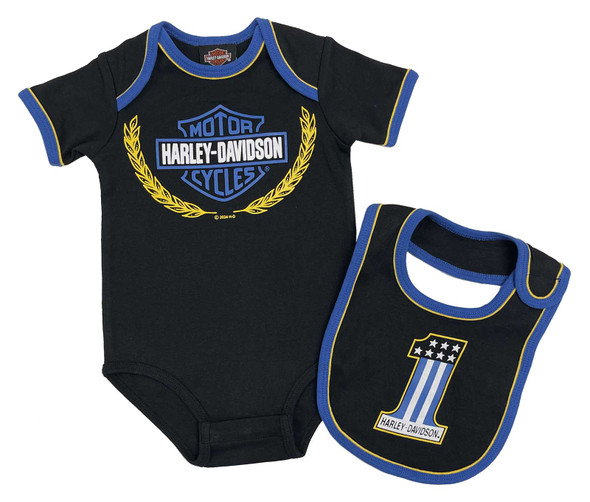 Harley-Davidson Baby Boys' Race Bar & Shield Infant Creeper & Bib Set - Black - Wisconsin Harley-Davidson