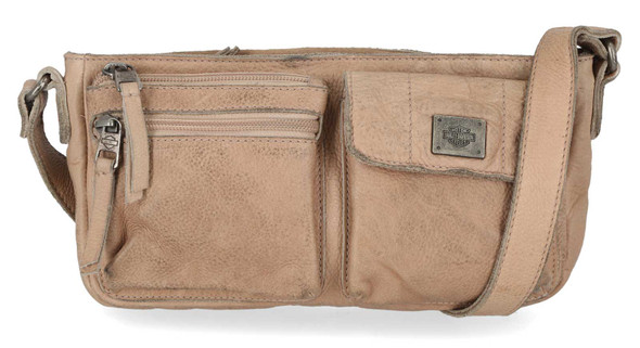 Harley-Davidson Women's Washed Genuine Leather Shoulder Bag Purse - Brush Tan - Wisconsin Harley-Davidson