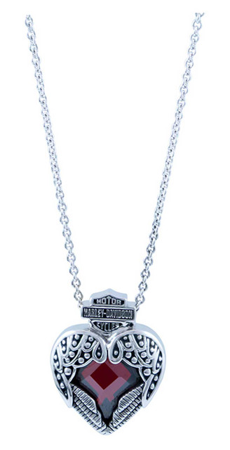 Harley-Davidson Women's Red Crystal Wing Heart Bar & Shield Necklace - Silver - Wisconsin Harley-Davidson