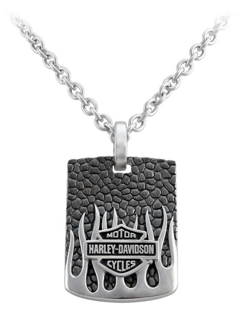 Harley-Davidson Men's Textured Bar & Shield Flames Dog Tag Chain Necklace - Wisconsin Harley-Davidson