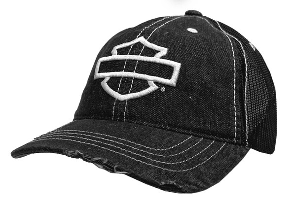 Harley-Davidson Men's Mega Bar & Shield Frayed Mesh Trucker Hat - Black - Wisconsin Harley-Davidson