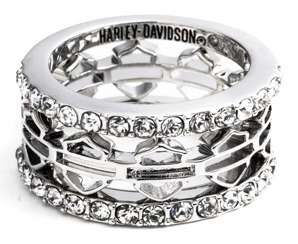 Harley-Davidson Women's Set of 3 Pave Bar & Shield Logo Stackable Rings, Silver - Wisconsin Harley-Davidson