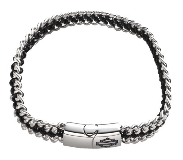 Harley-Davidson Men's 8.25 inch Engraved Logo Leather Cord & Chain Bracelet - Wisconsin Harley-Davidson