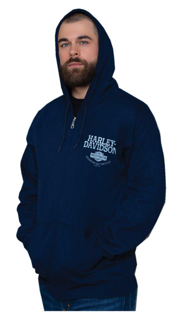 Harley-Davidson Men's Dusty Bar & Shield Zip-Up Hoodie Sweatshirt - Navy Blue - Wisconsin Harley-Davidson