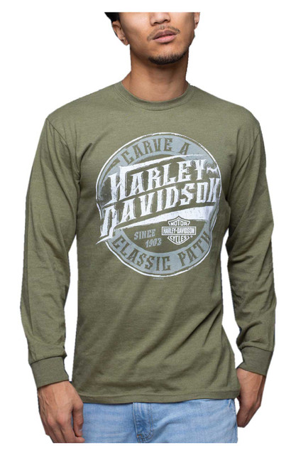 Harley-Davidson Men's Carved Long Sleeve Crew-Neck Shirt, Military Green - Wisconsin Harley-Davidson