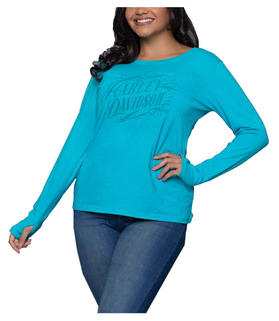 Harley-Davidson Women's Filigree Script Long Sleeve Scoop Neck Shirt, Jade - Wisconsin Harley-Davidson