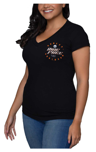 Harley-Davidson Women's Shocks Metallic Short Sleeve V-Neck Tee - Black - Wisconsin Harley-Davidson