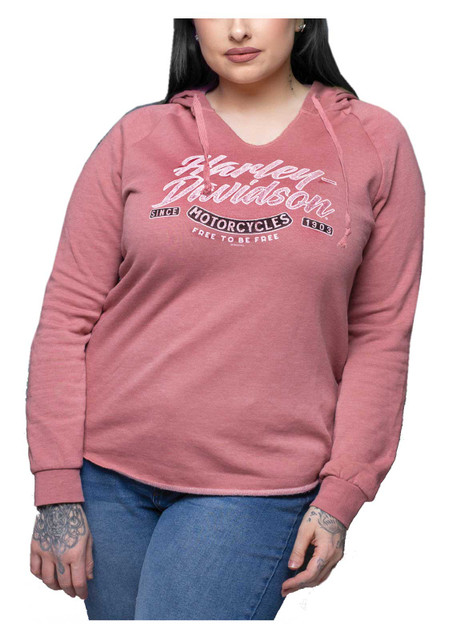 Harley-Davidson Women's Color Script Curved Hem V-Neck Pullover Hoodie - Rose - Wisconsin Harley-Davidson