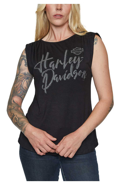Harley-Davidson Women's Embellished Script Scoop Neck Sleeveless Tee, Black - Wisconsin Harley-Davidson
