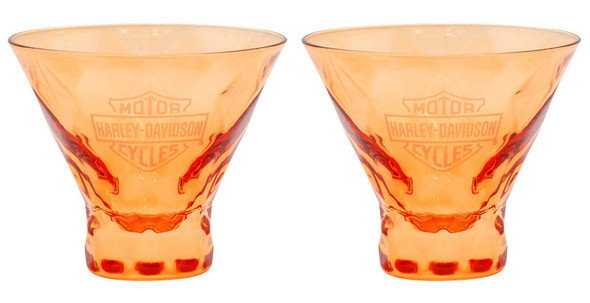 Harley-Davidson Etched Bar & Shield Stemless Martini Glass Set - 8 oz, Orange - Wisconsin Harley-Davidson