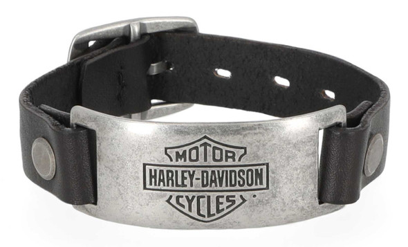 Harley-Davidson Men's Bar & Shield Metal Plate Leather Cuff Bracelet, Black - Wisconsin Harley-Davidson