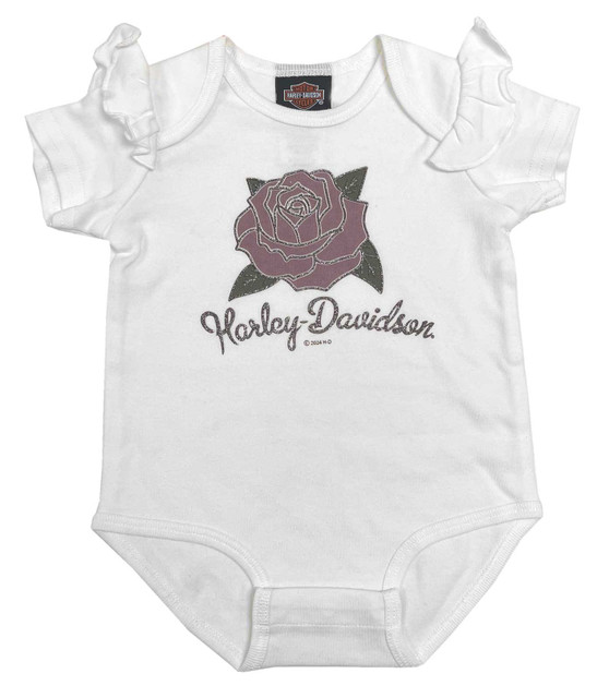 Harley-Davidson Baby Girls' Glitter Rose Ruffle Sleeve Infant Creeper – White - Wisconsin Harley-Davidson
