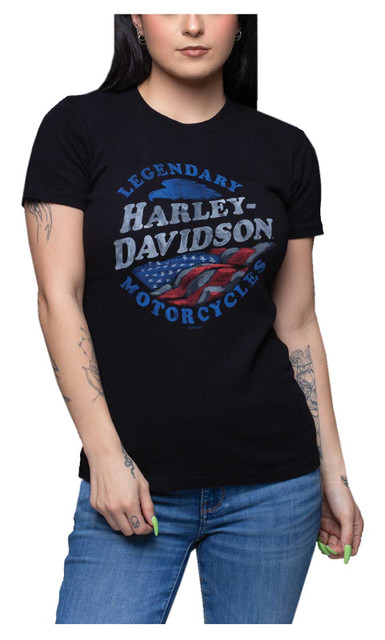 Harley-Davidson Women's Stand Up Crew-Neck Short Sleeve Cotton Tee - Black - Wisconsin Harley-Davidson