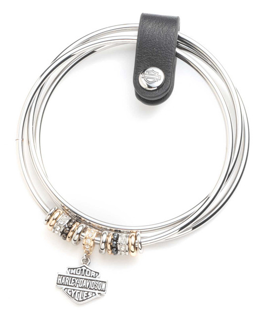 Harley-Davidson Women's 3 Piece Bangle Set w/ Bar & Shield Logo Charms, Silver - Wisconsin Harley-Davidson