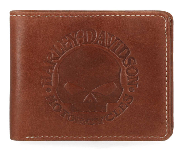 Harley-Davidson Men's Embossed Willie G Skull Bi-Fold Leather Wallet - Brown - Wisconsin Harley-Davidson