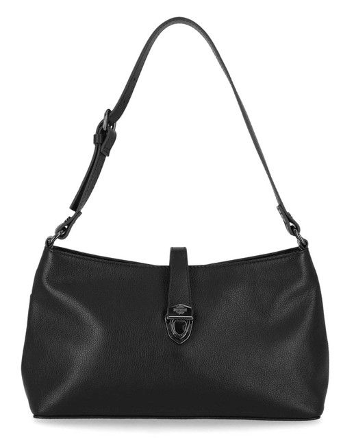 Harley-Davidson Women's Push Lock Pebble Leather Shoulder Bag Purse - Black - Wisconsin Harley-Davidson