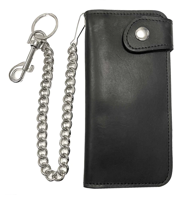 Derringer Men's Biker Chain One Snap Leather Bi-Fold Trucker Wallet, Black - Wisconsin Harley-Davidson