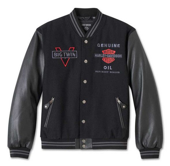 Harley-Davidson ブラックレザージャケット Mサイズ ハンガー付き Harley-Davidson® Men's V-Twin Varsity Leather Jacket - Black 97002