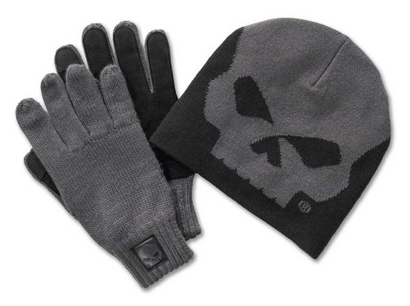 Harley-Davidson Men's Willie G Skull Beanie & Gloves Set, Gray 97657-25VM - Wisconsin Harley-Davidson