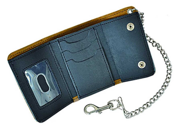 Derringer Men's Biker Chain Cowhide Leather Tri-Fold Short Snap