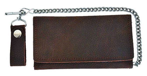 Derringer Men's Biker Chain Premium Cowhide Leather Snap Tri-Fold Wallet, Brown - Wisconsin Harley-Davidson