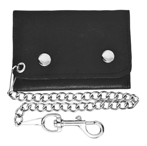 Derringer Men's Biker Chain Cowhide Leather Tri-Fold Short Snap Wallet, Black - Wisconsin Harley-Davidson