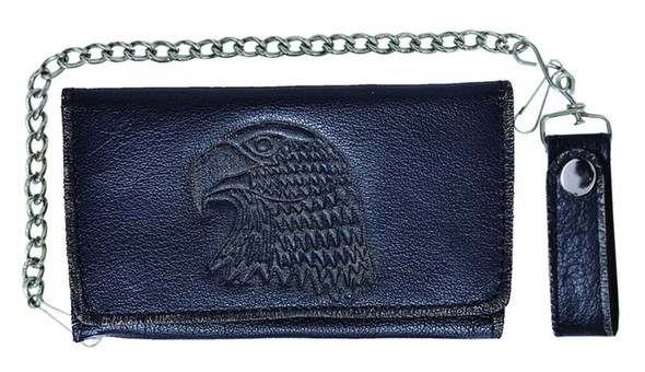 Derringer Men's Embossed Eagle Biker Chain Tri-Fold Wallet, Black Leather - Wisconsin Harley-Davidson