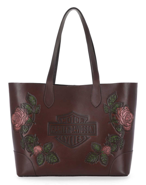 Harley-Davidson Women's Floral Bar & Shield Genuine Leather Tote Bag, Brown - Wisconsin Harley-Davidson