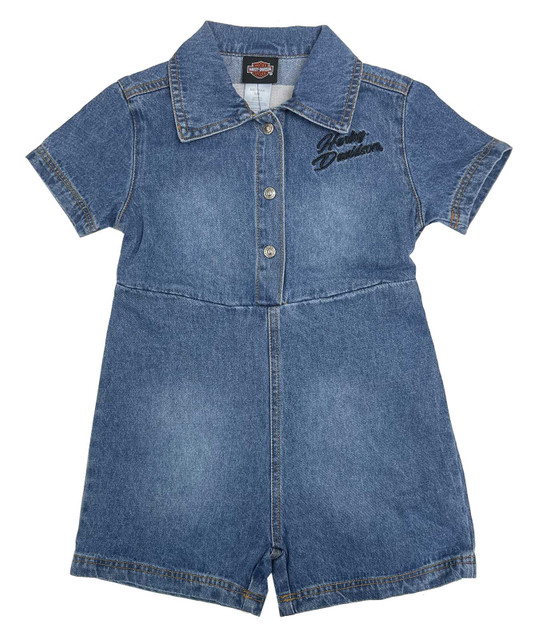 Harley-Davidson Little Girls' Embroidered Bar & Shield Denim Romper, Blue - Wisconsin Harley-Davidson