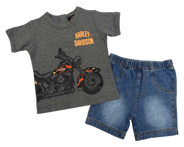 Harley-Davidson Baby Boys' 2-Piece Infant Knit Tee & Denim Shorts Set, Gray - Wisconsin Harley-Davidson