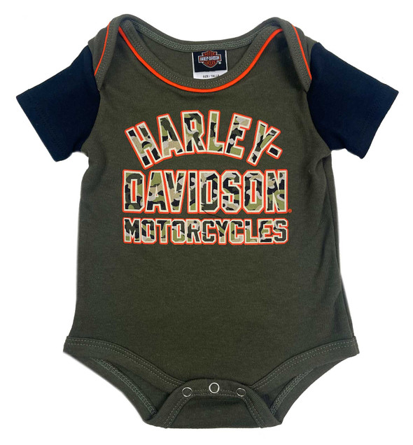 Harley-Davidson Baby Boys' Camo Print Raglan Short Sleeve Creeper, Green/Black - Wisconsin Harley-Davidson