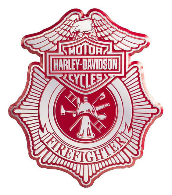 Harley-Davidson Embossed Firefighter Shield Metal Sign, Custom Shaped Red & Gray - Wisconsin Harley-Davidson