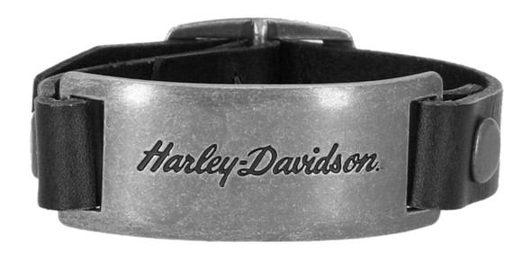 Harley-Davidson Unisex H-D Script Logo Nickel Metal Plaque Leather Cuff Bracelet - Wisconsin Harley-Davidson