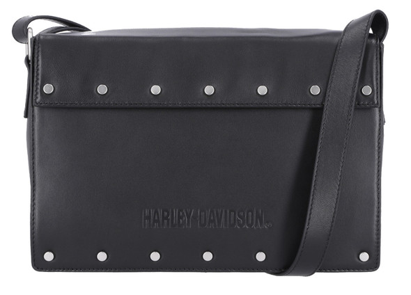 Harley-Davidson Women's Script Logo Flat Stud Flap Crossbody Bag, Black - Wisconsin Harley-Davidson