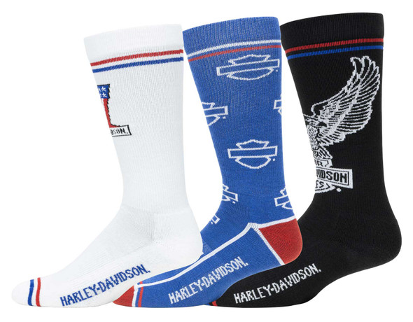 Harley-Davidson Men's 3-Pack Patriotic Logos Moisture Wicking Mid-Calf Socks - Wisconsin Harley-Davidson