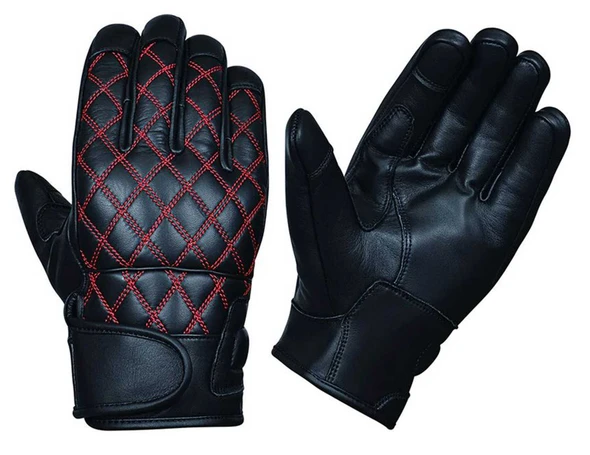 Derringer Men's Diamond Stitch Motorcycle Leather Full Finger Gloves, Black/Red - Wisconsin Harley-Davidson