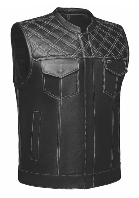 Derringer Men's Lawless Motorcycle Biker Denim / Leather Club Vest, Black/White - Wisconsin Harley-Davidson