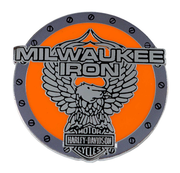 Harley-Davidson 1.5 inch. Eagle Rivets Metal Pin, Silver & Orange Finish - Wisconsin Harley-Davidson
