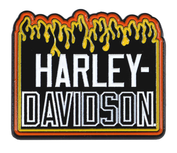 Harley-Davidson 1.5 inch. Fiery Flame On Metal H-D Pin, Black Finish - Wisconsin Harley-Davidson