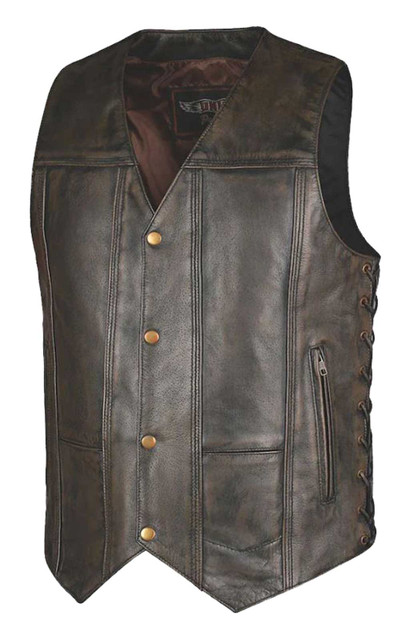 Derringer Toas Men's Premium Leather 10-Pocket Motorcycle Biker Vest, Brown - Wisconsin Harley-Davidson