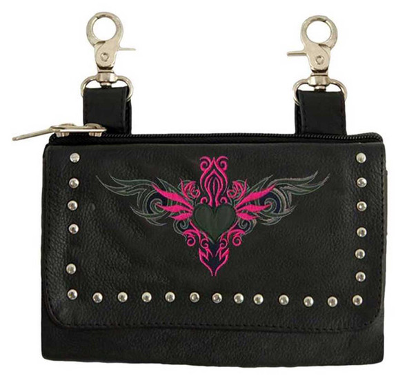 Derringer Women's Studded Heart Cowhide Leather Clip-On Hip Bag - Hot Pink/Black - Wisconsin Harley-Davidson
