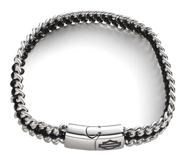Harley-Davidson Men's 8 in. Bar & Shield Leather Cord/Metal Bracelet, Silver - Wisconsin Harley-Davidson