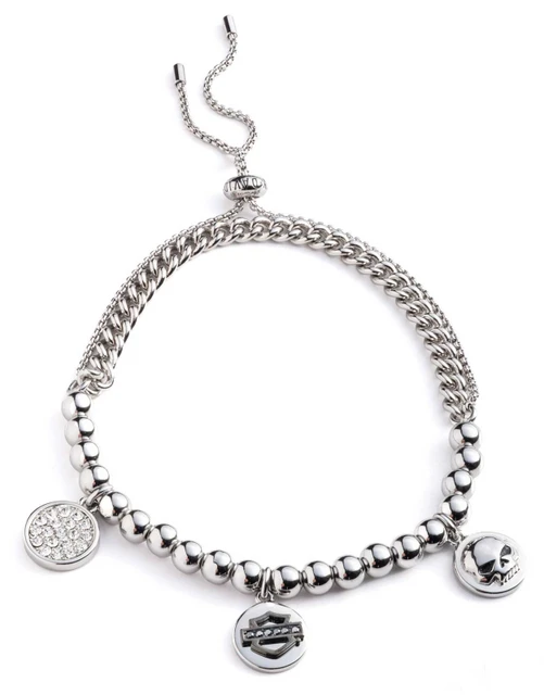 Harley-Davidson Women's Crystal Charms Double Row Slider Bracelet, Silver - Wisconsin Harley-Davidson