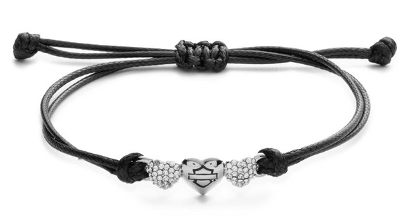 Harley-Davidson Women's Bar & Shield Triple Heart Thread Slider Bracelet, Black - Wisconsin Harley-Davidson