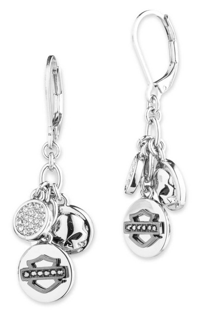 Harley-Davidson Women's Crystal Charm Logos Dangle Earrings, Silver Brass - Wisconsin Harley-Davidson