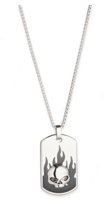 Harley-Davidson Men's 26 in. Willie G Skull Flames Dog Tag Necklace, Steel - Wisconsin Harley-Davidson