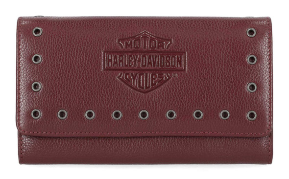 Harley-Davidson Women's Eyelet Bar & Shield Logo Leather Clutch Wallet, Red - Wisconsin Harley-Davidson